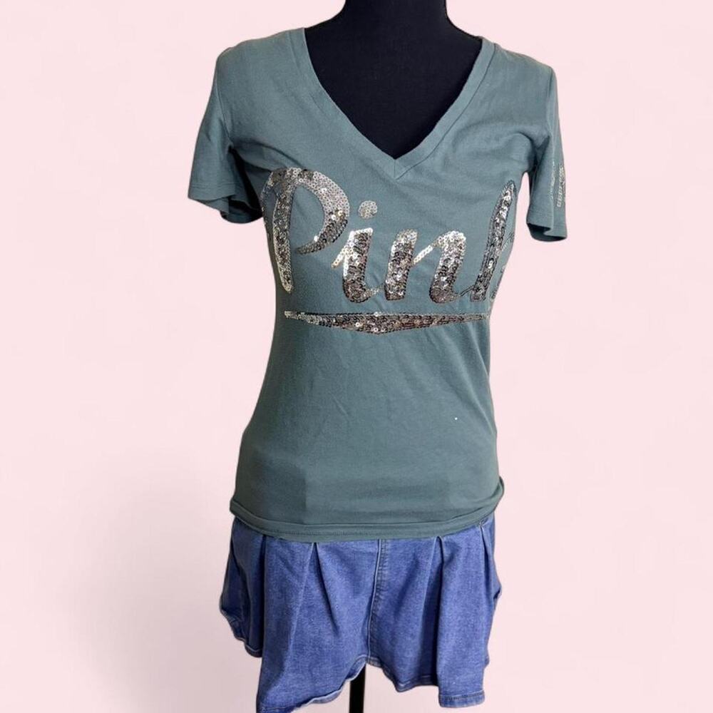 Y2k victorias secret pink v neck blue t-shirt size small with sequence